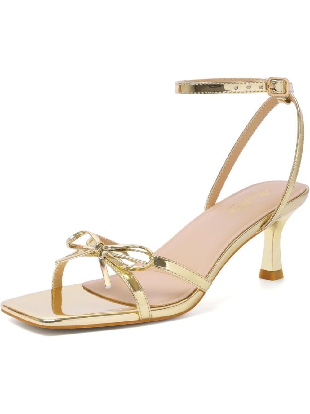 Women's Gold Bow Sandals Strappy Heel Ankle Strap Lace Up Square Open Toe Heels